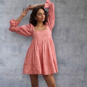 Pilcro‎ Floral Mini Dress Smocked Open Back Long Sleeve Pink XL